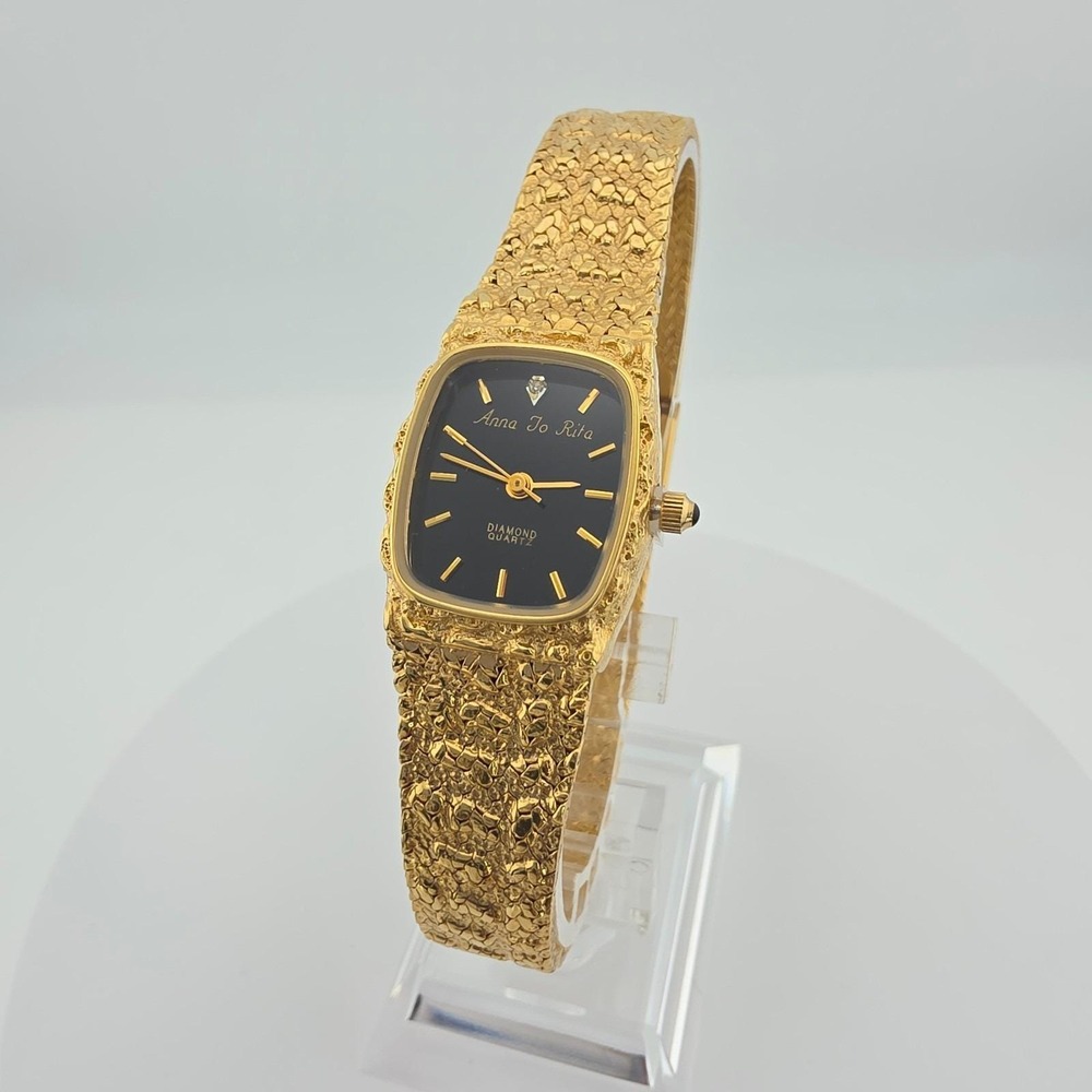 Vintage ANNA JO RITA Ladies Watch Genuine Diamond Gold Plate Nugget Band 8"